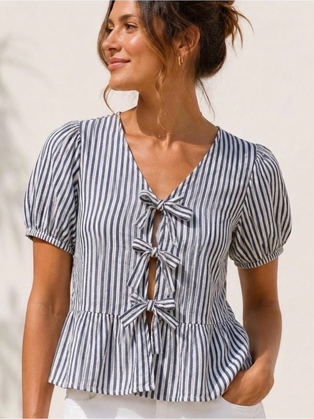 Japna Navy Striped Tie-Front Peplum Blouse